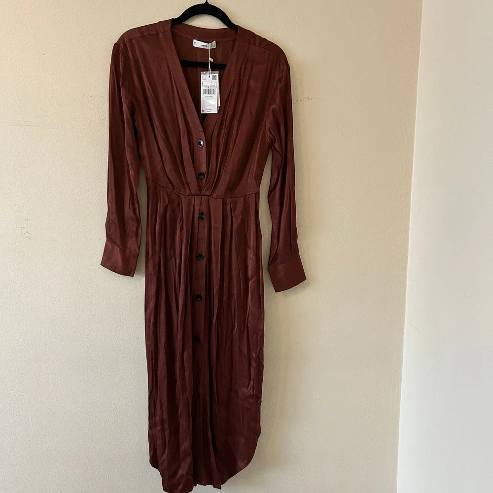 MNG Brown Satin Long Sleeve Button Front Midi Shirt Dress Size S - Picture 4 of 11